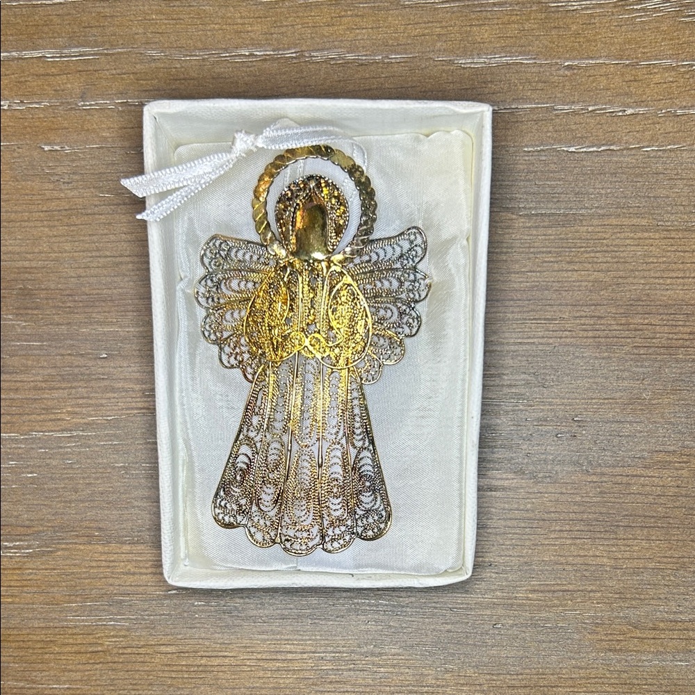 Vintage Gold Lace. Gold and Silver Filigree Angel Ornament in box.